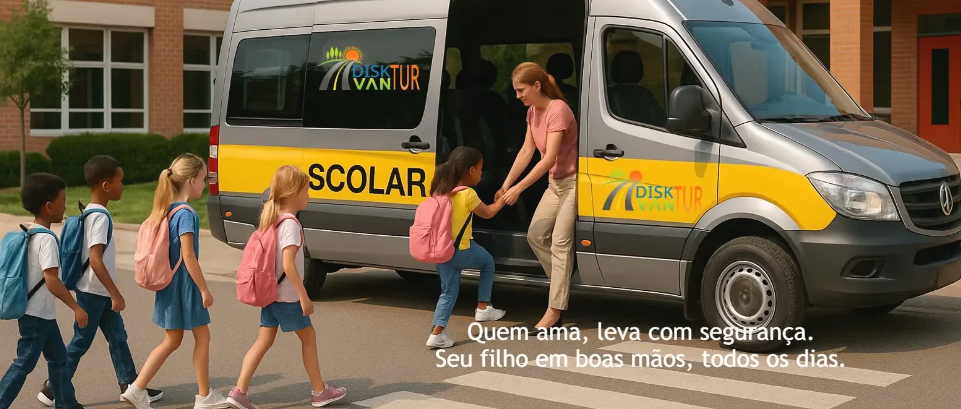 Crianças com mochilas atravessando a faixa de pedestres para embarcar em uma van escolar da Disk Van Tur, recebidas por uma monitora na porta lateral, com a frase “Quem ama, leva com segurança”.