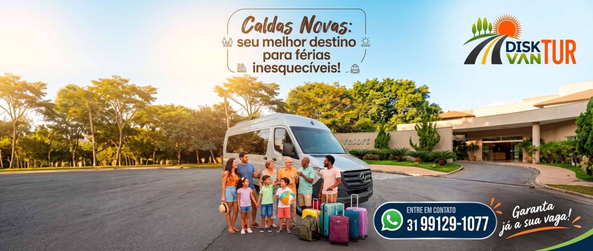 Famílias com crianças, bagagens e boia de praia reunidas ao lado de uma van branca na entrada de um resort, com a frase “Caldas Novas: seu melhor destino para férias inesquecíveis” e o logotipo da Disk Van Tur.