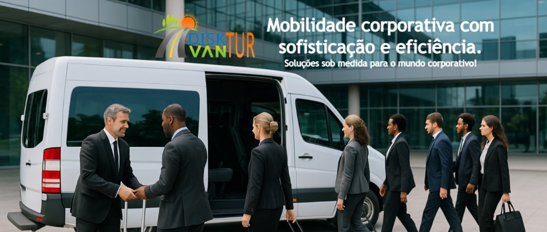 Profissionais de terno embarcando em uma van branca da Disk Van Tur em frente a um prédio corporativo envidraçado, com a frase “Mobilidade corporativa com sofisticação e eficiência”.