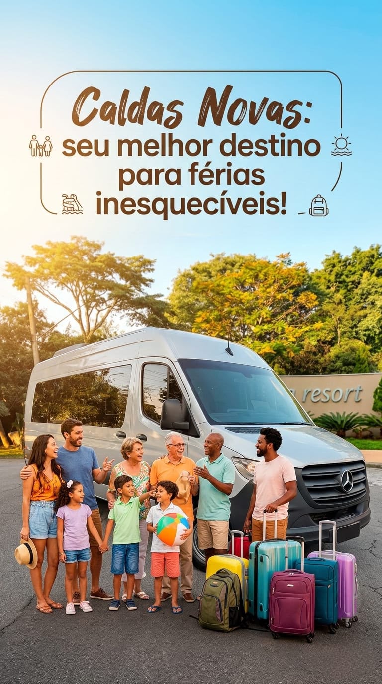 Cartaz vertical da Disk Van Tur mostrando famílias com malas ao lado de uma van branca na entrada de um resort, com a frase “Caldas Novas: seu melhor destino para férias inesquecíveis”.