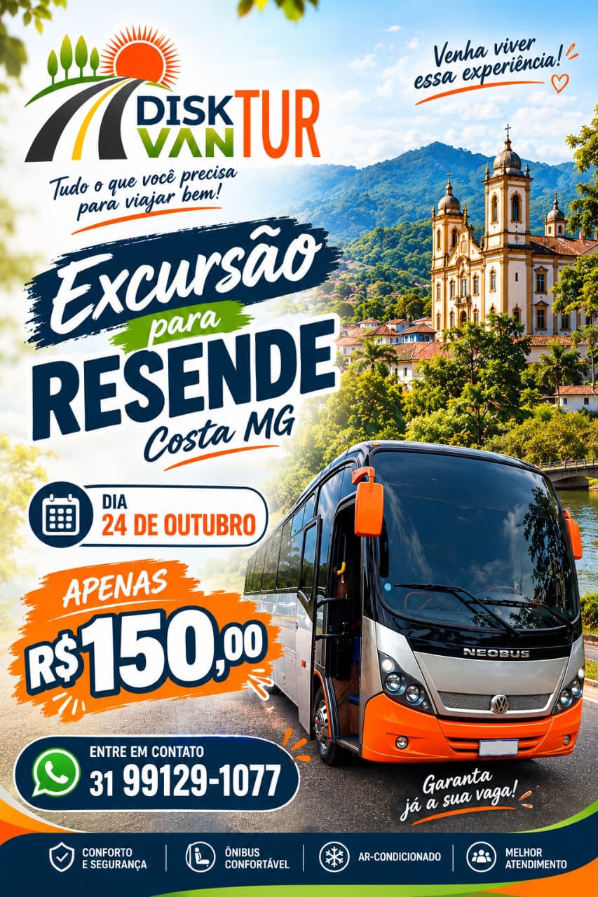 Cartaz vertical de excursão da Disk Van Tur para Resende Costa, em Minas Gerais, com micro-ônibus, igreja colonial ao fundo e selos de conforto, ônibus confortável e ar-condicionado.